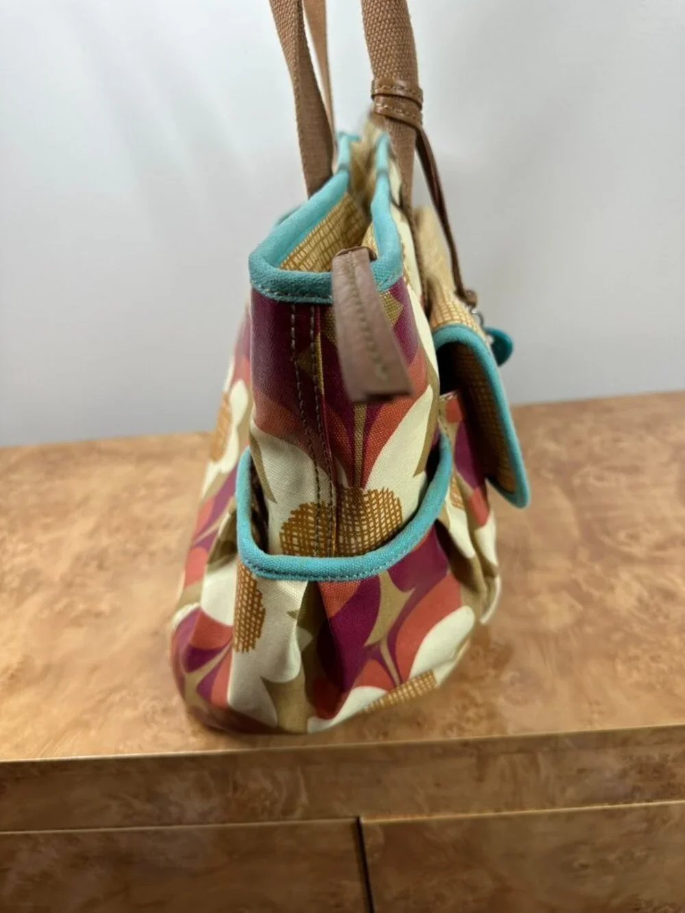 Fossil Key-Per Floral Coated Canvas Diaper Bag Large Tote Retro Y2K
